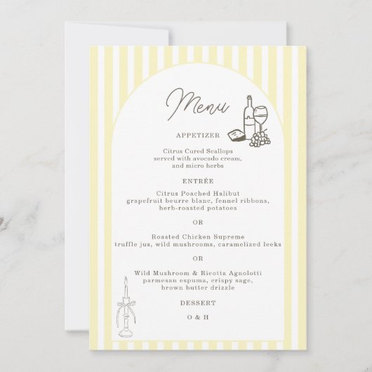 Carte de menu de mariage élégante rayée jaune doux (Devant)