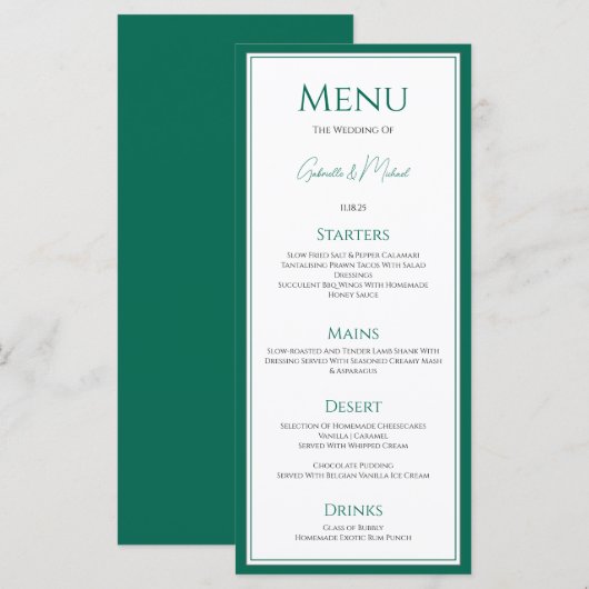Carte de Menu de Mariage Élégante Vert Émeraude (Devant / Derrière)