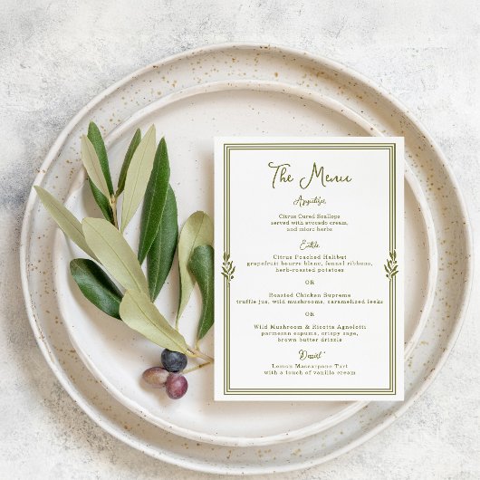 Carte de menu de mariage élégante vert olive tosca