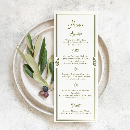 Carte de menu de mariage élégante vert olive tosca