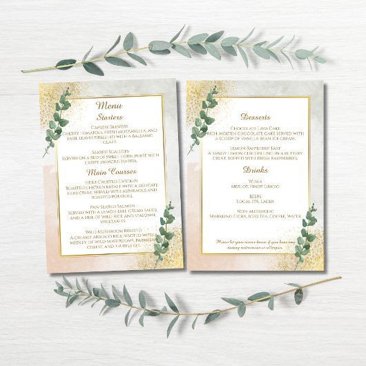 Carte de menu de mariage élégante verte et dorée
