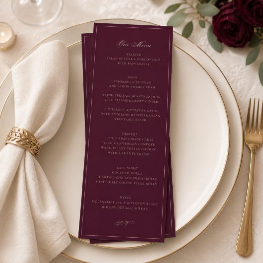 Carte de Menu de Mariage en Bourgogne | Réception