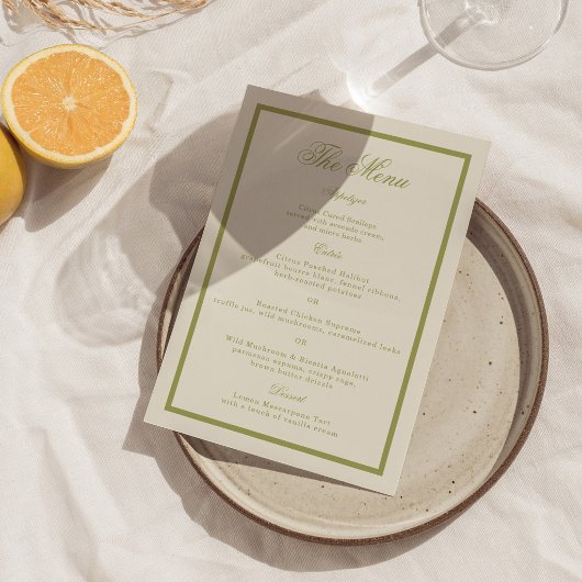 Carte de menu de mariage en calligraphie vert oliv