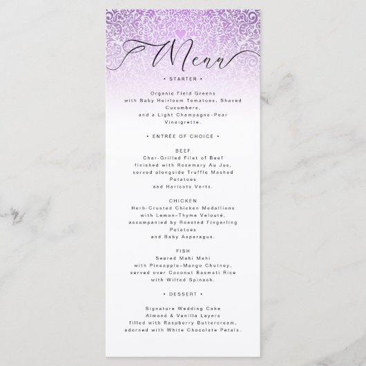 Carte de menu de mariage en damas orné rose (Devant)