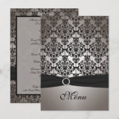 Carte de menu de mariage en damassé gris et noir (Devant / Derrière)