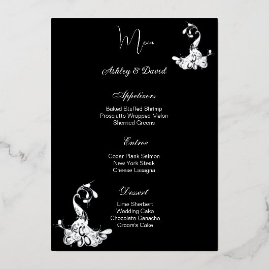 Carte de menu de mariage en feuille de paon (Recto)