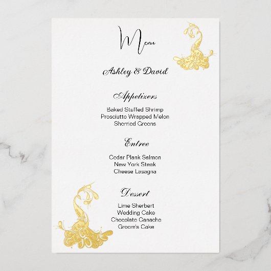 Carte de menu de mariage en feuille de paon (Recto)