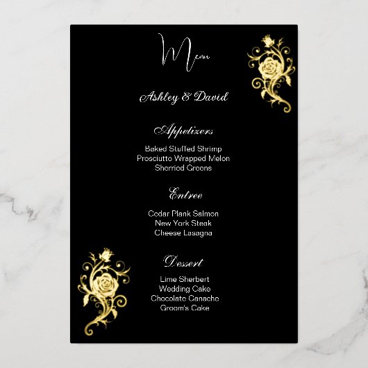 Carte de menu de mariage en feuille de rose (Recto)