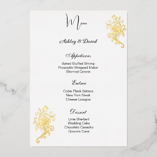 Carte de menu de mariage en feuille de rose (Recto)