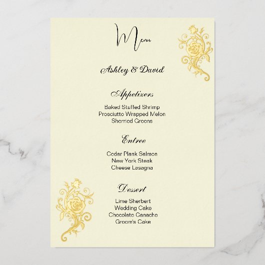 Carte de menu de mariage en feuille de rose (Recto)