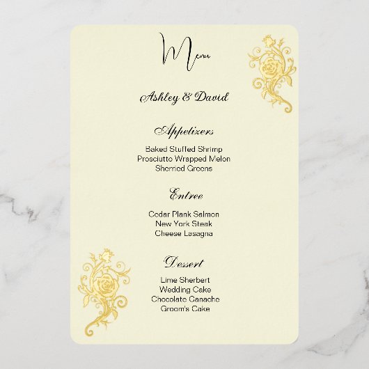 Carte de menu de mariage en feuille de rose (Recto)