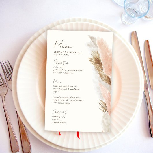 Carte de menu de mariage en herbe de Pampas rustiq