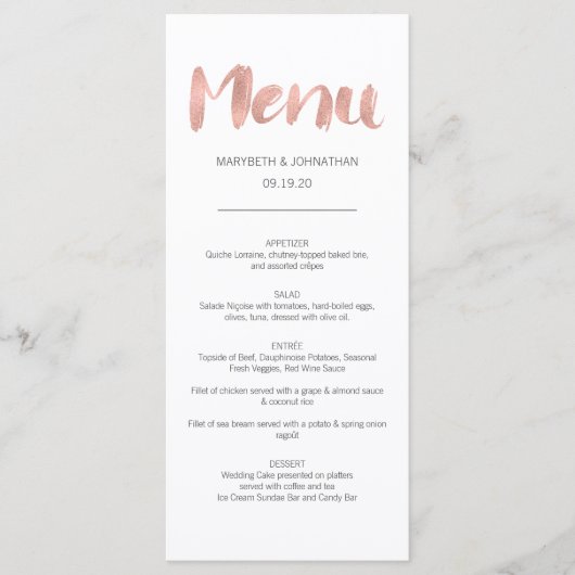 Carte de menu de mariage en rose gold moderne amou (Devant)