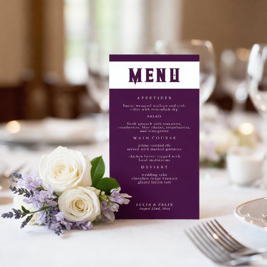 Carte de menu de mariage en typographie Royal Crim