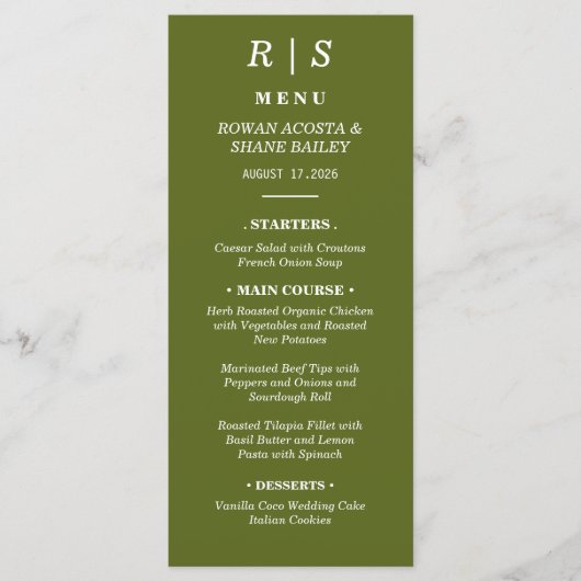 Carte de menu de mariage en vert sauge monogramme (Devant)