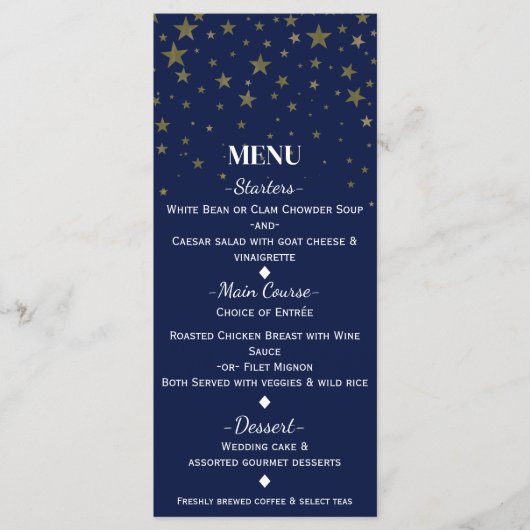 Carte de Menu de Mariage Étoiles Bleues et Or Faux (Devant)