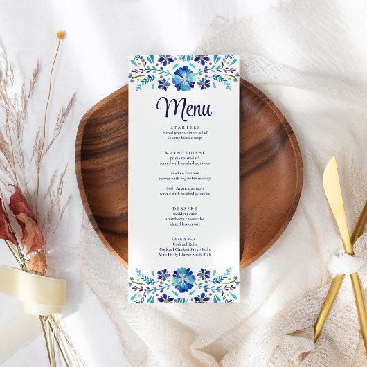 Carte de Menu de Mariage Fête Florale Bleue et Bla