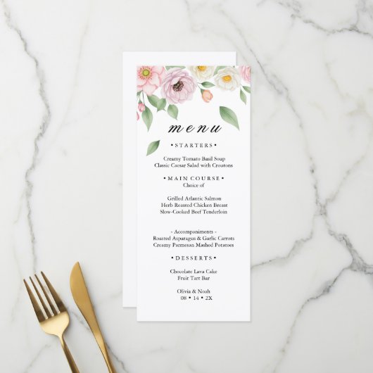 Carte de Menu de Mariage Fleurie Rose Blush Blanc (Devant/Arrière en situation)