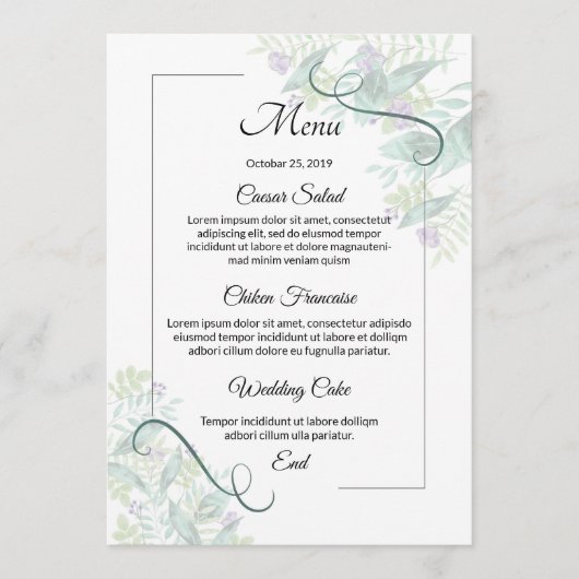 Carte de menu de mariage floral (Devant)