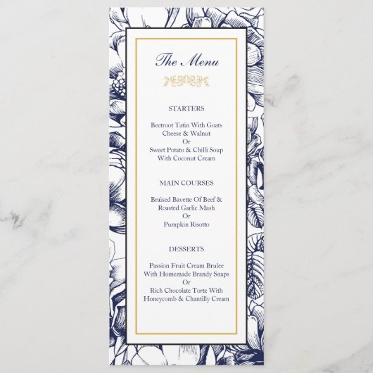 Carte de menu de mariage floral bleu minuit et or (Devant)