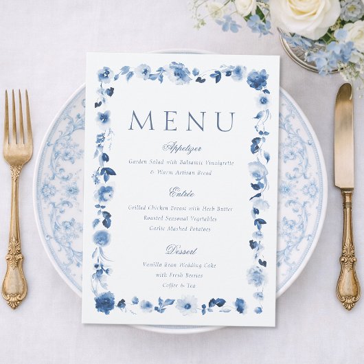Carte de menu de mariage floral bleu poussiéreux
