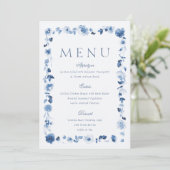 Carte de menu de mariage floral bleu poussiéreux (Debout devant)