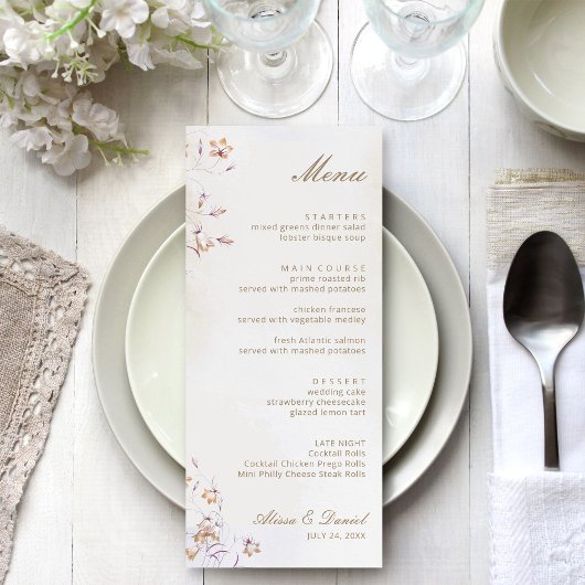 Carte de Menu de Mariage Floral Bohème
