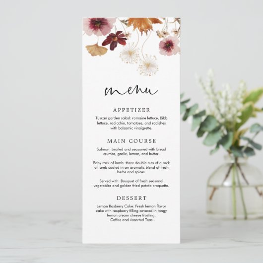 Carte de menu de mariage floral bohème d'automne d (Debout devant)