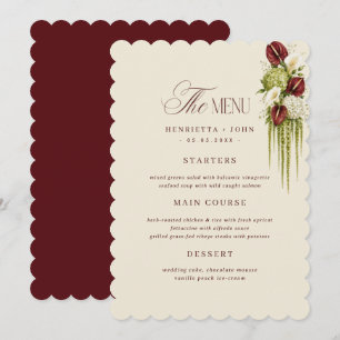 Carte de menu de mariage floral bordeaux à bord fe