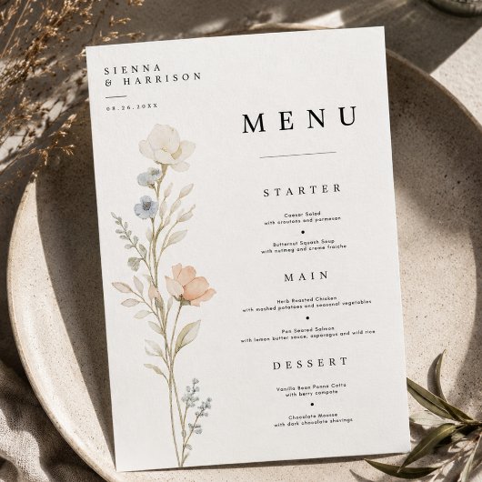 Carte de menu de mariage floral élégant