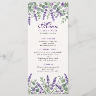 Carte de menu de mariage floral lavande élégant