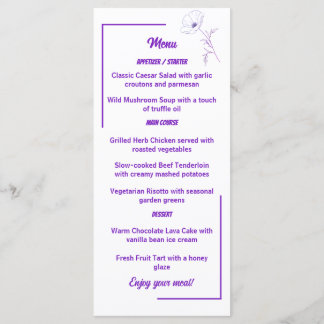 Carte de menu de mariage floral moderne violet lig