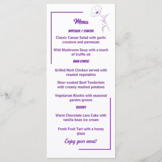 Carte de menu de mariage floral moderne violet lig (Devant)