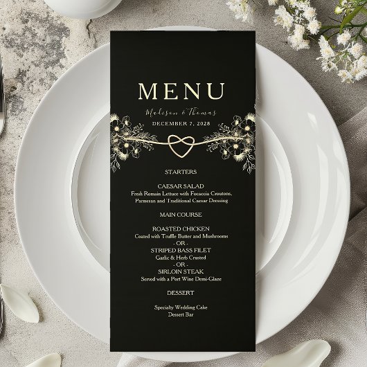 Carte de menu de mariage floral or noir