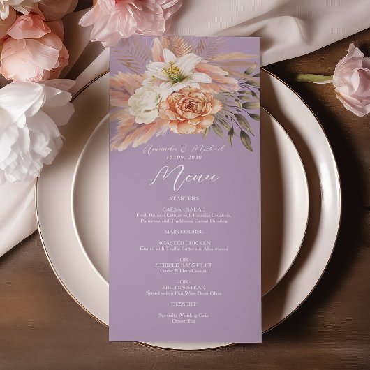 Carte de menu de mariage floral pêche et violet