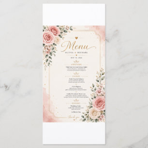 Carte de menu de mariage floral rose pastel   Aqua