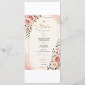 Carte de menu de mariage floral rose pastel | Aqua