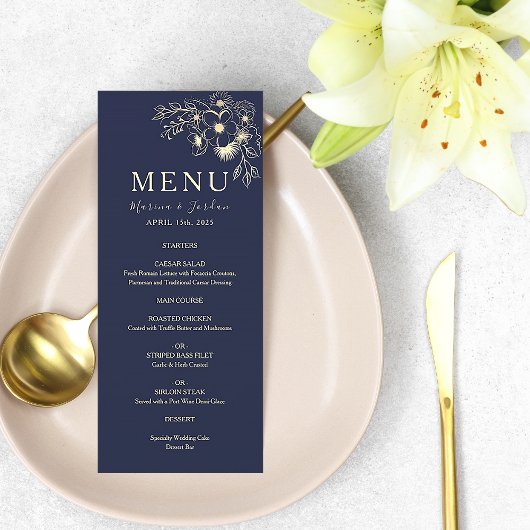 Carte de menu de mariage florale bleu marine éléga
