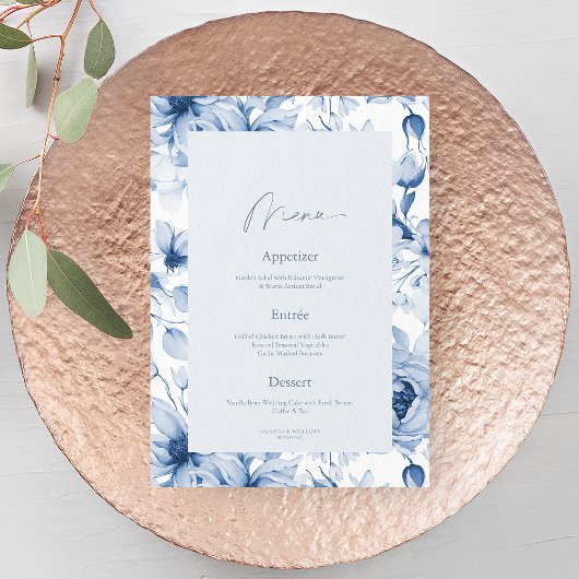 Carte de menu de mariage florale bleu poussiéreux