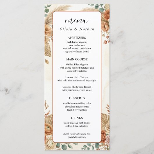 Carte de menu de mariage florale Boho Luxe Pampas (Devant)