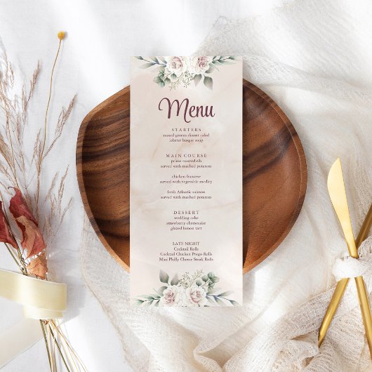 Carte de Menu de Mariage Florale Rose Boho Blush