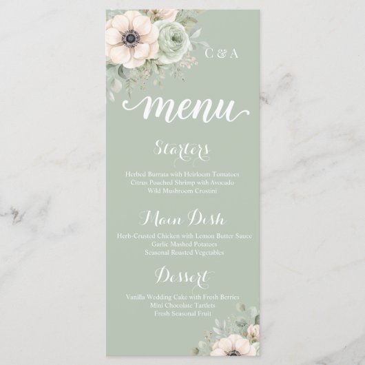 Carte de menu de mariage florale vert sauge Anémon (Devant)
