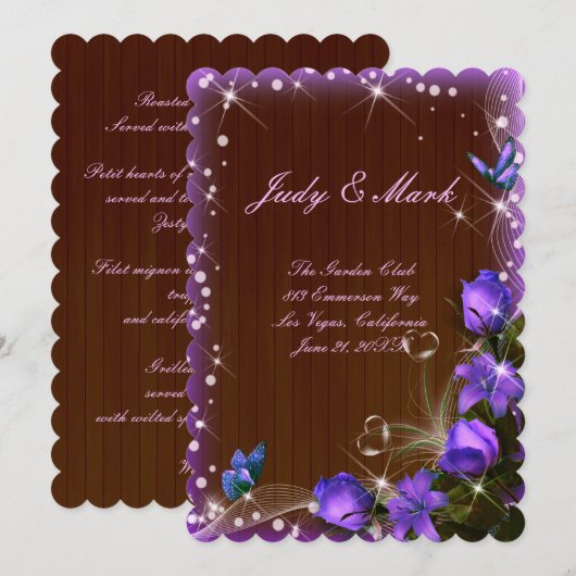 Carte de menu de mariage florale violette en bois  (Devant / Derrière)