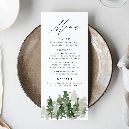 Carte de menu de mariage Forêt de pins rustique