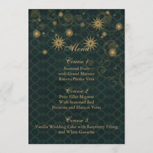 Carte de menu de mariage hivernal d'or vert Snowfl (Devant)