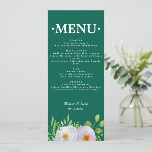 Carte de menu de mariage imprimable floral vert fo (Debout devant)