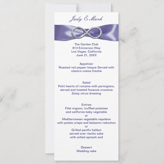 Carte de menu de mariage Infinity Bleu Violet Arge (Devant)