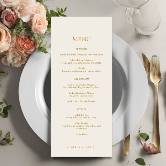 Carte de Menu de Mariage Islamique Élégante et Dor