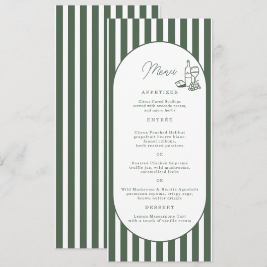 Carte de menu de mariage long Cabana rayée verte (Devant / Derrière)