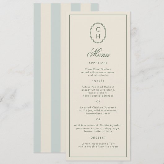 Carte de menu de mariage longue avec monogramme ra (Devant / Derrière)